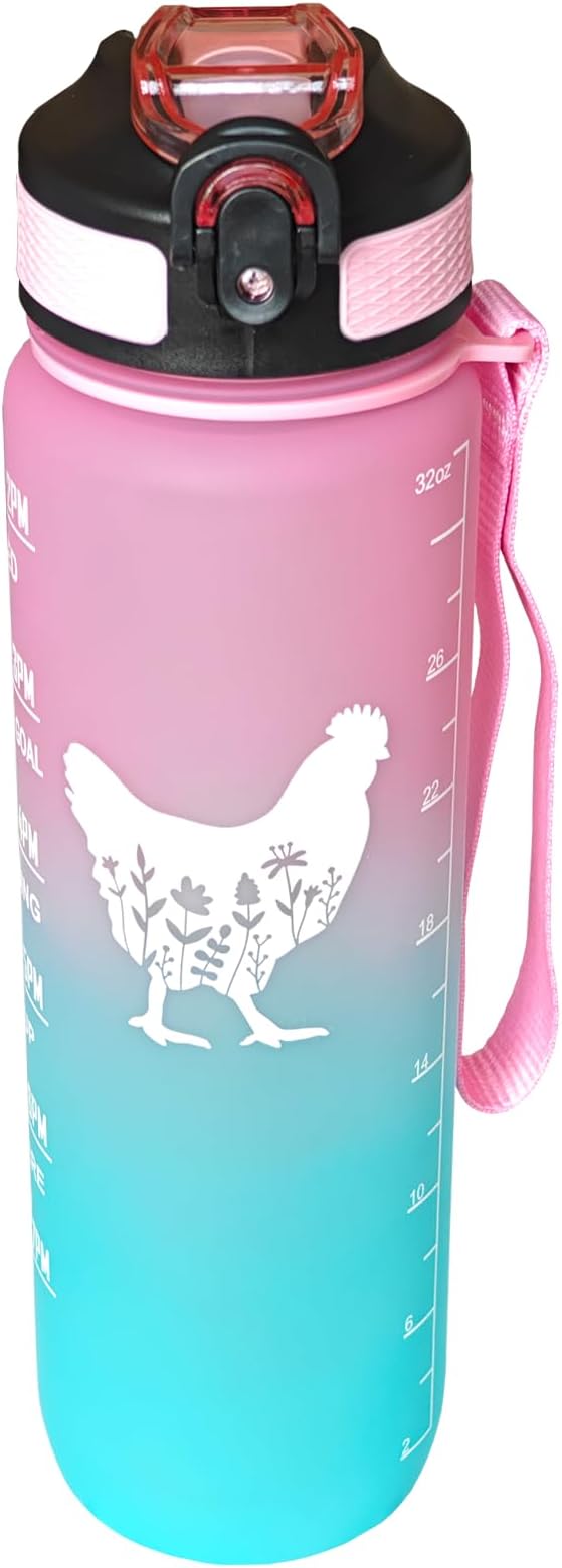 Floral Chicken Water Bottle 32 Oz – Leakproof BPA Free Sport Water Bottle with Straw & Carry Strap, Motivational Time Marker for Chicken Lover, Gym, Fitness, Outdoor, Travel, Office, Biking
