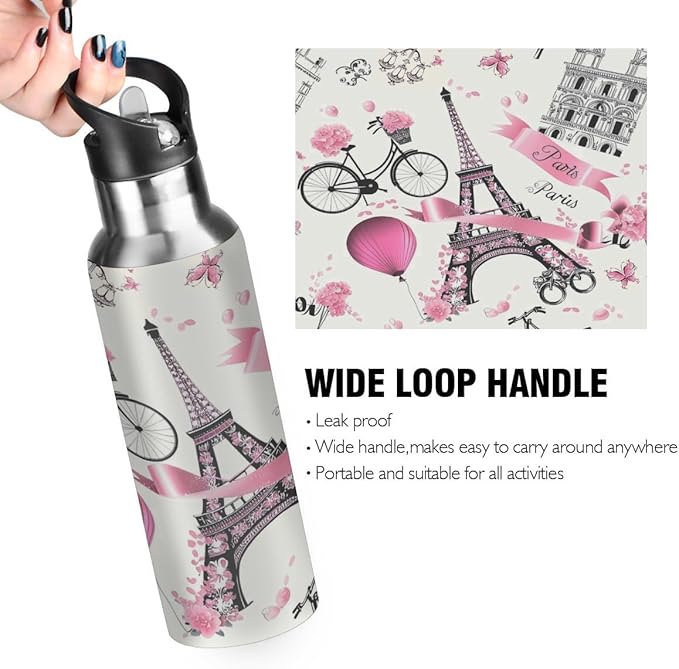 Eiffel Tower Paris France Flower Water Bottle Vacuum Insulated Stainless Steel Mug Kids Water Bottle with Straw and Handle Keep Hot Cold Sport Bike Fit Travel Outdoor 20 oz