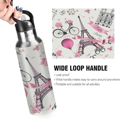 Eiffel Tower Paris France Flower Water Bottle Vacuum Insulated Stainless Steel Mug Kids Water Bottle with Straw and Handle Keep Hot Cold Sport Bike Fit Travel Outdoor 20 oz