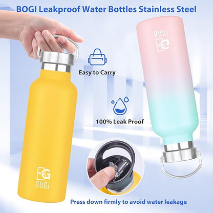 BOGI 20oz Insulated Water Bottle, Wide Mouth Stainless Steel Water Bottles Leakproof Metal Water Bottle with Straw and Handle BPA Free Steel Water Bottle for School Fitness Outdoor Sports-Blue Pink