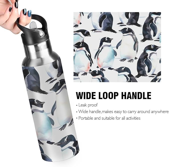 Penguin Ocean Polar Wildlife Water Bottle Vacuum Insulated Stainless Steel Mug Kids Water Bottle with Straw and Handle Keep Hot Cold Sport Bike Fit Travel Outdoor 20 oz
