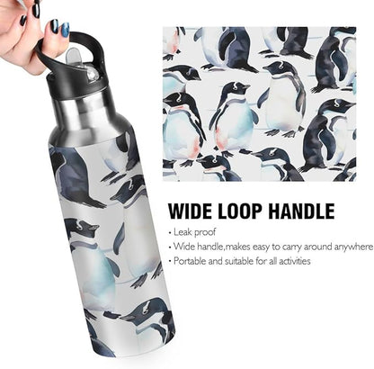 Penguin Ocean Polar Wildlife Water Bottle Vacuum Insulated Stainless Steel Mug Kids Water Bottle with Straw and Handle Keep Hot Cold Sport Bike Fit Travel Outdoor 20 oz