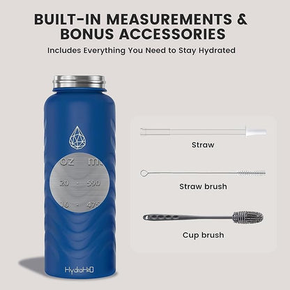 24oz Stainless Steel Insulated Water Bottle, 48H Ice Cold & 24H Hot, Leak-Proof Wide Mouth Lids (Straw & Spout), BPA-Free Bottles, Mens Water Bottle for Gym, Hiking, Travel - Blue