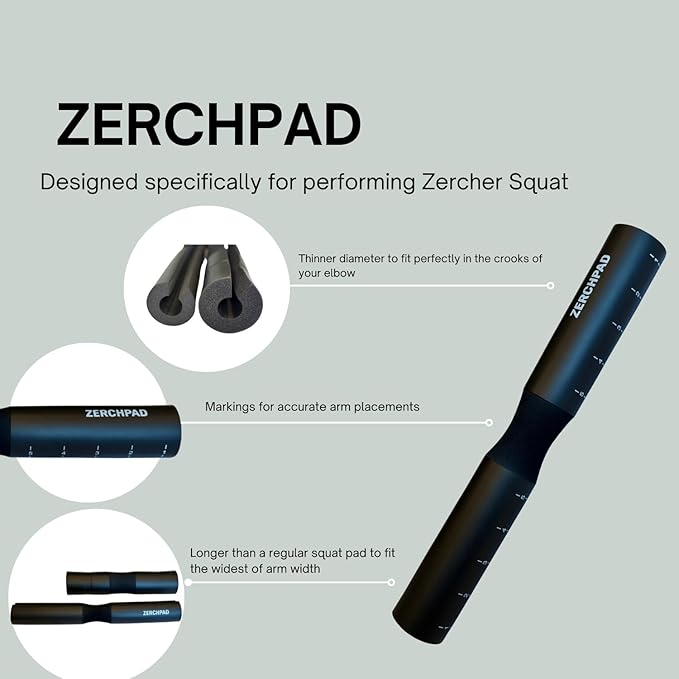 Barbell Pad Squat Pad Designed Specifically for Zercher Squats - Great for Zercher Squats, Front Squats and Hip Thrusts — Extra Long Length—Fit Standard and Olympic Bars Perfectly
