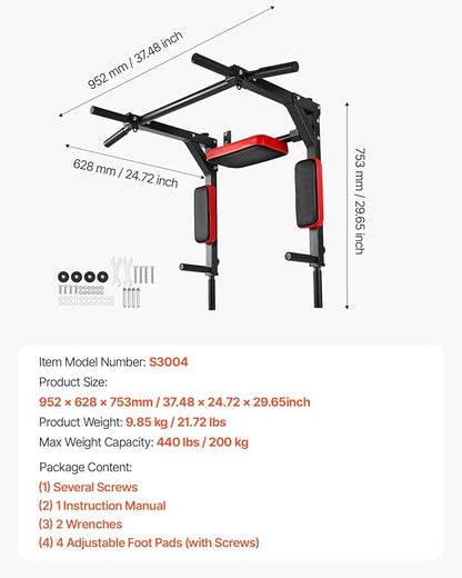 VEVOR Multifunctional Pull Up Bar, Wall Mounted Chin Up Bar Dip Station for Home Gym, Heavy Duty Steel Upper Body Workout Pull Ups, Power Tower Set Training Equipment Fitness, 440 lbs Weight Capacity