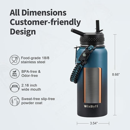 32 oz Insulated Water Bottle with Straw, Stainless Steel Triple Wall Vacuum Sports Water Jug, Leakproof Hydro Cup Flask with Paracord Handle & Straw Spout Lids & DIY Stickers