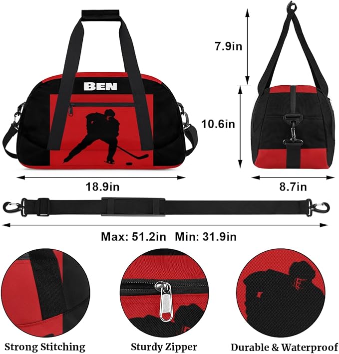 Personalized Sports Gym Bag Boys, Custom Large Sport Duffel Bag Weekender Baseball Football Basketball Bag Travel Training Bag, Ice Hockey Black Red Background