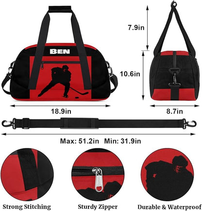 Personalized Sports Gym Bag Boys, Custom Large Sport Duffel Bag Weekender Baseball Football Basketball Bag Travel Training Bag, Ice Hockey Black Red Background