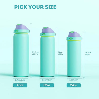 POWCAN 24 oz Insulated Water Bottle: 2-in-1 Push-Button Spout & Quick-Flip Straw, Leakproof, Cold 24Hrs, Fits Car Cup Holder, Stainless Steel Sports Water Bottle, Gift for Women, Girls (Sea Princess)
