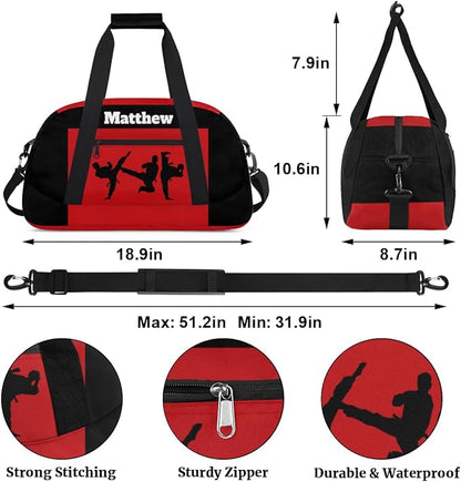 Custom Sports Gym Bag for Boys, Personalized Sports Gym Duffel Tote Workout Bag Named Rank Travel Overnight Training Bag, Martial Art Silhouette Black Red