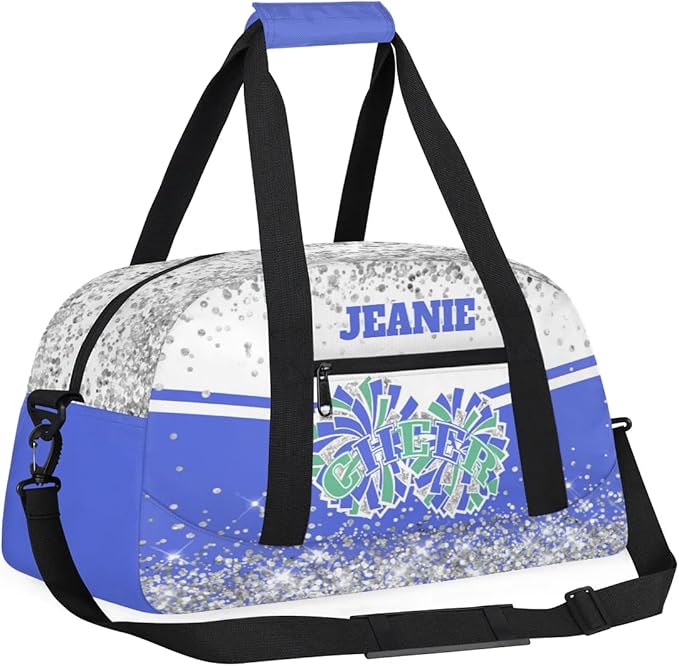 Personalized Cheer Gym Bags for Girls Kids Cheerleaders with Custom Name Sport Dance Perform Training Duffel Bags for Overnight Weekender Travel White Blue