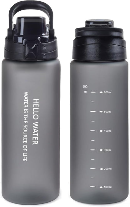 27oz Sports Water Bottle with Removable Filter, Motivational Water Bottle with Capacity Marker, Leakproof Drinking Water Bottle with Handle for Travel Fitness Gym Outdoor (Black)