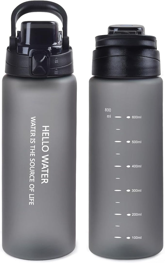 27oz Sports Water Bottle with Removable Filter, Motivational Water Bottle with Capacity Marker, Leakproof Drinking Water Bottle with Handle for Travel Fitness Gym Outdoor (Black)