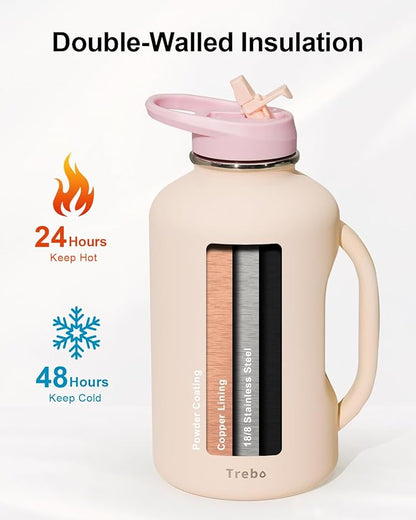Trebo Half Gallon Water Bottle Insulated 64oz with Handle,Double Wall Vacuum Large Water Jug,Stainless Steel Water Bottle Flask,Gym Water Bottles For Men with Straw Spout Lids Strap,Nude Pink