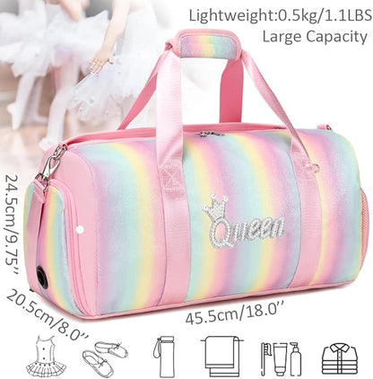Dance Duffle Bag for Girls Shiny Rainbow Glitter Sports Gym Bag for Girls Weekender Overnight Sleepover Travel Duffel with Shoes Compartment