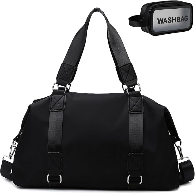 Gym Bag for Women Weekender Carry on Bags Dance Yoga Tote Travel Duffle Personal Item Bag with Wet Pocket Toiletry MakeupBag for Men Sport Trips Hospital Black
