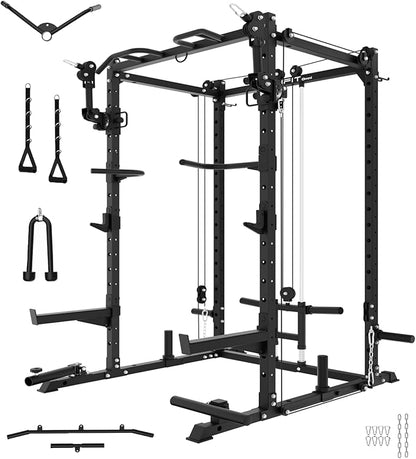 Eonfit E2 Power Cage，1500LB Squat Rack with Cable Crossover System.Multi-Function Power Rack for Home Gum.All-in-One Squat Rack with More Training Attachments