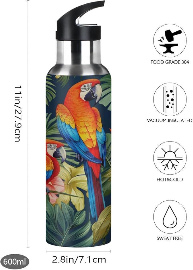 AUUXVA Cute Parrot Macaw Bird Water Bottle Vacuum Insulated Stainless Steel Mug Kids Water Bottle with Straw and Handle Keep Hot Cold Sport Bike Fit Travel Outdoor 20 oz