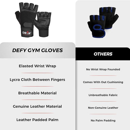 DEFY Padded Weight Lifting Gloves with 13" Long Wrist Wrap Genuine Leather Gym Gloves for Power Lifting, Cross Training, Workout Black