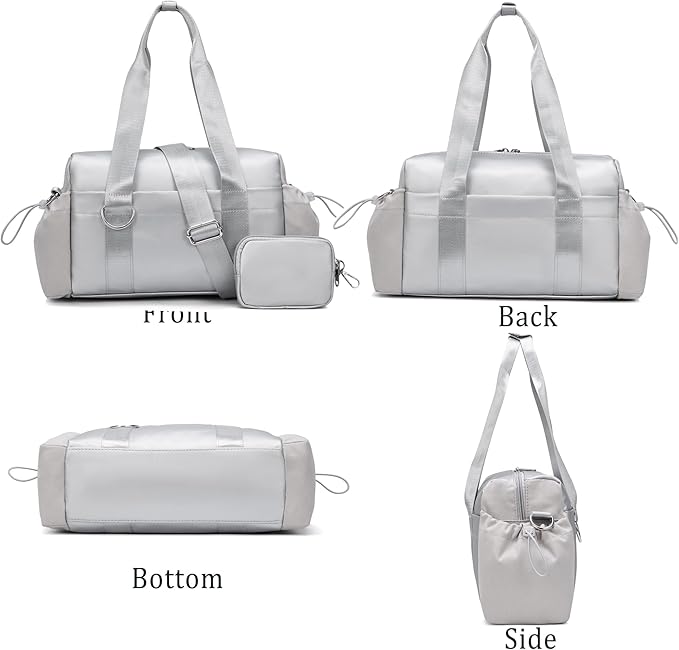 Everyday Mini Gym Bag for Women 2.0, Small Tote with Zipper Compartment Waterproof Travel Duffle Cute Handbag Workout Carry On with Removeable Shoulder Strap & Coin Wallet Easy to Clean-Silver