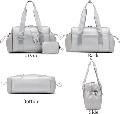 Everyday Mini Gym Bag for Women 2.0, Small Tote with Zipper Compartment Waterproof Travel Duffle Cute Handbag Workout Carry On with Removeable Shoulder Strap & Coin Wallet Easy to Clean-Silver