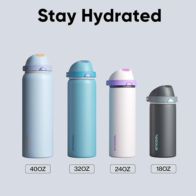 Insulated Water Bottle with Straw - Encool Stainless Steel Water Bottle with Push Button Lid, Leak-Proof & BPA-Free, Keeps Cold for 24 Hours for Sports, Travel, Gym (40 oz, Tuna Grey-Green)
