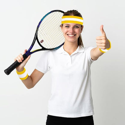 ONUPGO 5 Pieces Sweatbands Striped Socks Set Sports Headband Wristbands High Tube Socks 80s Accessories Costumes