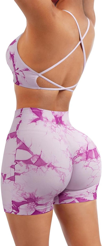 SUUKSESS Women Seamless Workout Sets Strappy Sports Bra High Waist Booty Shorts Outfits