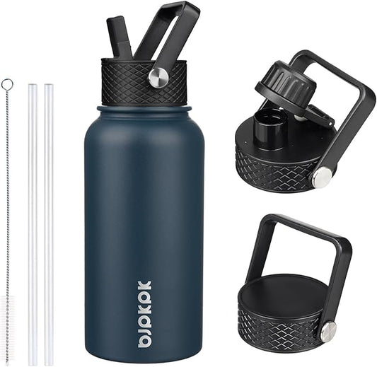 BJPKPK Insulated Water Bottles with Straw Lid, 27oz Stainless Steel Water Bottle with 3 Lids, Leak Proof BPA Free Metal Thermo, Mugs, Tumblers, Keep Cold Hot - Navy Blue