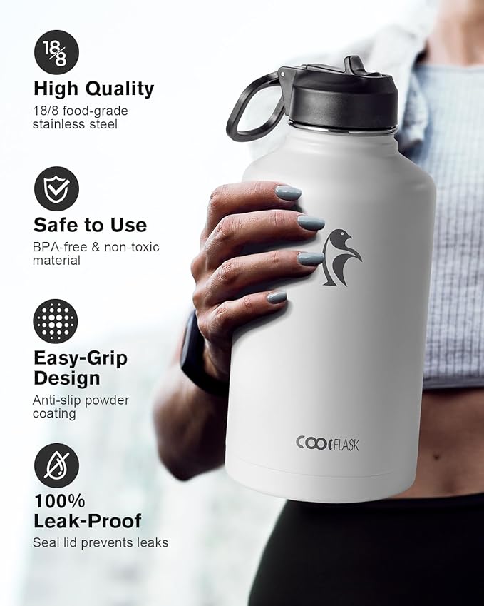 Coolflask Half Gallon Water Bottle Insulated with Straw & 3 Lids, 64 oz Water Jug Large Metal Stainless Steel Wide Mouth for Sports, Gym or Office, Non-BPA Keep Cold 48H Hot 24H, White