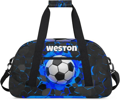 Custom Name Sports Bag for Kids Boys, Personalized Gym Duffel Fitness Travel Weekender Tote Carry-On Training Perform Bag, Soccer Black Blue