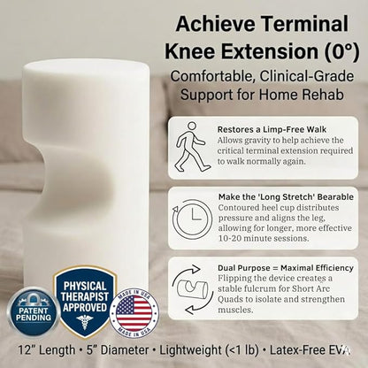 KneEXT Heel-Cup Foam Roll | Post-Surgery Knee Replacement Recovery Aid | Dual-Function Wedge for Terminal Knee Extension & Short Arc Quad Exercises