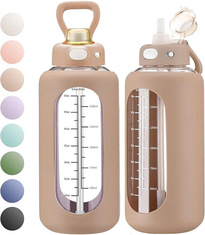 SIEROZUR 64 oz Glass Water Bottle with Straw and Handle Half Gallon Large Water Bottle with Silicone Sleeve and Time Marker Sports Water Jug Wide Mouth for Travel Gym