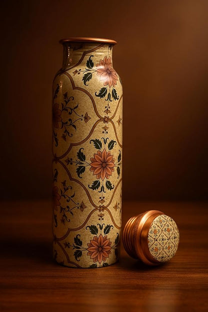 Pure Copper Water Bottle 34 Oz/1 Liter Natural Handmade Leak Proof Vessel For Drinking With Ayurvedic Health Benefits For Sports Fitness Yoga, Gym (IVORY PRINTED)