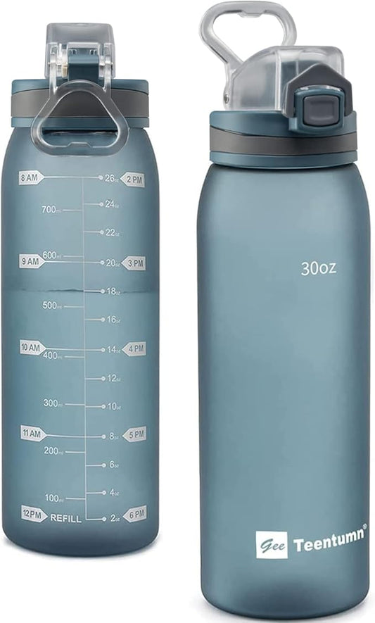 30oz Sport Water Bottle with Time Markers, Large Durable Gym Plastic Bottle for Fitness, Outdoor Enthusiasts, Leakproof (Pack of 1)