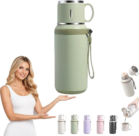 2 In 1 Stainless Steel Vacuum Insulated Bottle with Lidded Cup, Insulated Tumblers with Handles, Leakproof Large Capacity Water Bottle, Keeps Drinks Hot & Cold for Travel, Gym, School (Green)