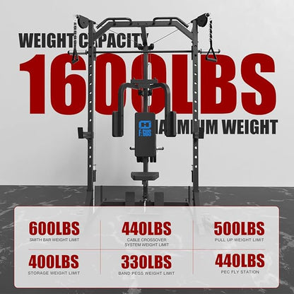 FAGUS Smith Machine Home Gym Power Cage with Pulley System, Space Saving Design Squat Rack with Full Body Strength Training Attachments, PEC Station & Fixed Cable Crossover Optional