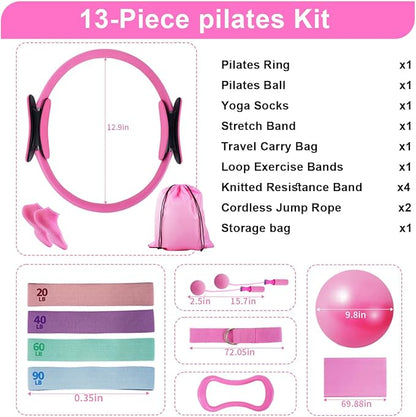 Pilates Essentials Kit for Women, Home Pilates Kit with 12.9" Ring and 9.8" Mini Ball, 4 Fabric Loop Bands, Figure-8 Band, Stretch Strap, Jump Rope, Carry Bag