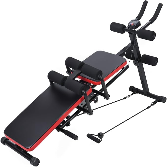 Ab Workout Bench, Adjustable Ab Crunch Machine for Home Gym - Multi-Functional Foldable Sit Up Bench with Preacher Curl Pad & Resistance Bands, Heavy-Duty Exercise Equipment for Arm/Back