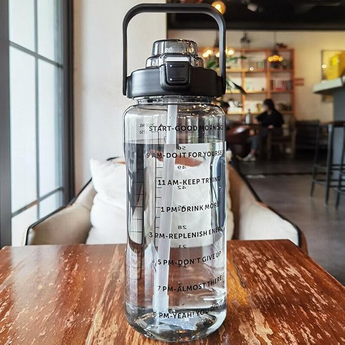 Large Capacity 2L Sports Water Bottle with Straw, Portable and Leakproof, Featuring Time Marker-Bk