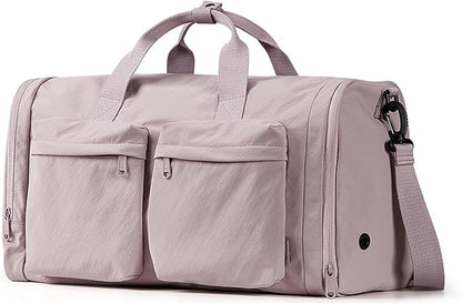 Aji Foldable Travel Duffel Bag for Women with Shoes Compartment, 3 in 1 Carry on Gym Bag with Removable Dry Wet Bag, Lightweight&Water Resistant Duffel Bag for Travel,Sports&Workout, Soft Pink