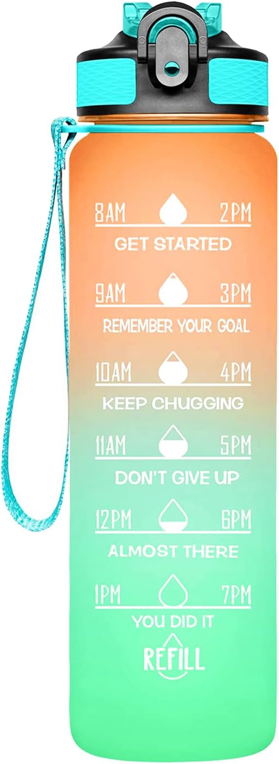 Water Bottle 32 oz, Frosted Style Sports Water Bottles BPA Free Water Bottle With Time Marker,Small mouth Leakproof Water Bottle for Gym Fitness Hiking Bike Camping (J)