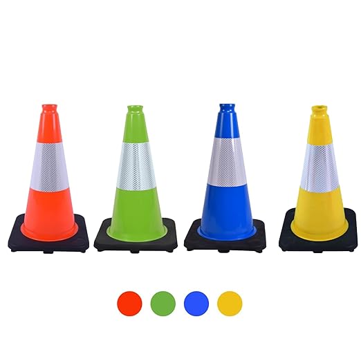 6 Pack 18 Inch Yellow Traffic Cones with Reflective Bands, Durable Black Base Cones for Factory Safety, Loading Zones and Parking Guidance (6, Yellow, 18 Inch)