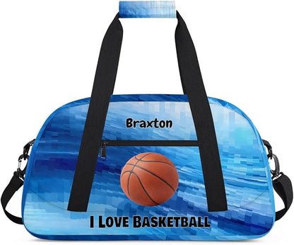 Custom Named Sports Basketball Bag for Boys, Gym Bag Sports Travel Duffle Bag Tote Dance Training Carry On Weekend Sports Bag, Watercolor Blue Geometric with Basketball