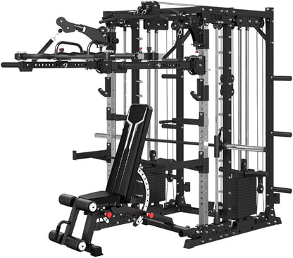 FAGUS Commercial Smithe Machine with Dual Weight Stacks, Power Cage Squat Rack with Lever Arm & Leg Press Attachment, Multi-Function Linear Bearing Cable Crossover Machine for Home Gym