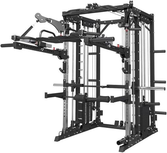 FAGUS Commercial Smithe Machine with Dual Weight Stacks, Power Cage Squat Rack with Lever Arm & Leg Press Attachment, Multi-Function Linear Bearing Cable Crossover Machine for Home Gym