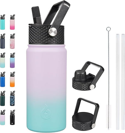 BJPKPK Insulated Water Bottles with Straw Lid, 18oz Stainless Steel Metal Water Bottle, Cold Hot Thermo with 3 Lids, Leak Proof BPA Free Travel Cup, Wide Mouth Flasks, Thermo -Lavender Green