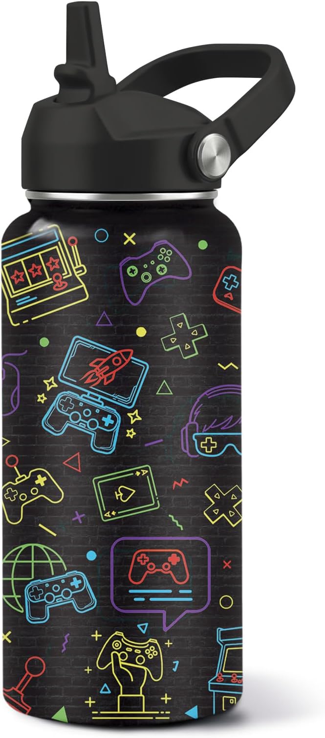 Gamer Water Bottle 32oz - Insulated Stainless Steel with Straw, Leak Proof Lid - Ideal Gaming Gifts for Kids Boys Teens - BPA-Free Sports Bottle for School, Travel & Gaming