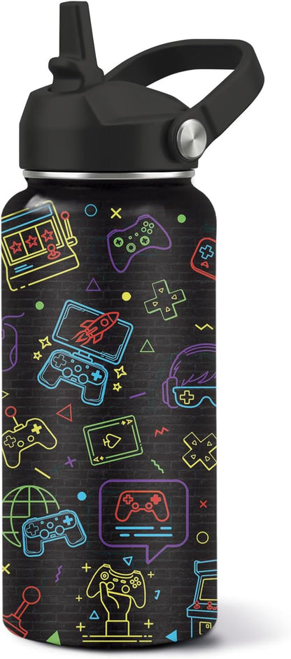 Gamer Water Bottle 32oz - Insulated Stainless Steel with Straw, Leak Proof Lid - Ideal Gaming Gifts for Kids Boys Teens - BPA-Free Sports Bottle for School, Travel & Gaming