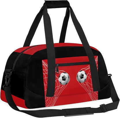 Sports Duffel Bags, Gym Black Red Soccer Net Weekender Overnight Sleepover Bag Waterproof Training Duffel Bag for Travel